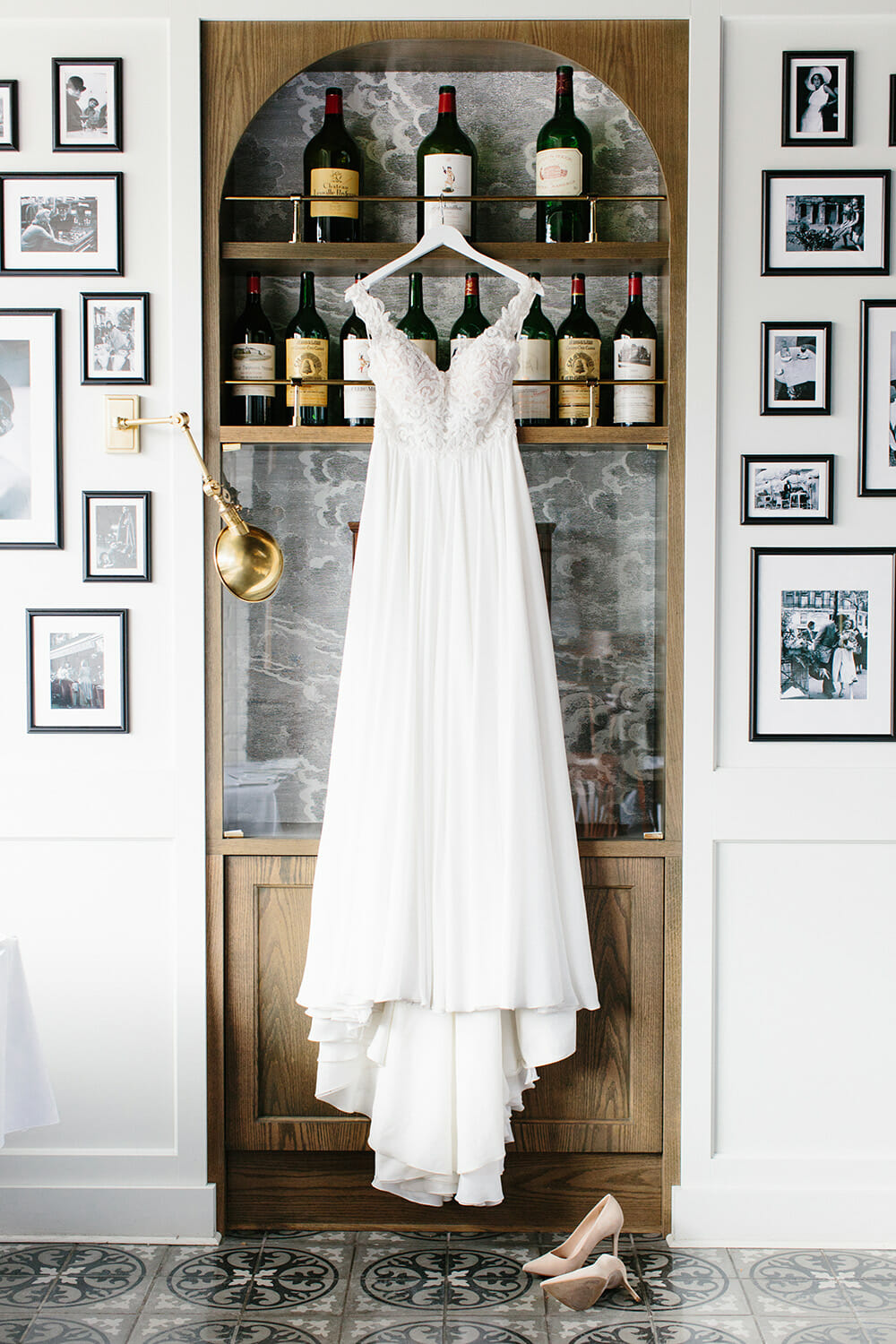 a beautiful wedding dress hangs