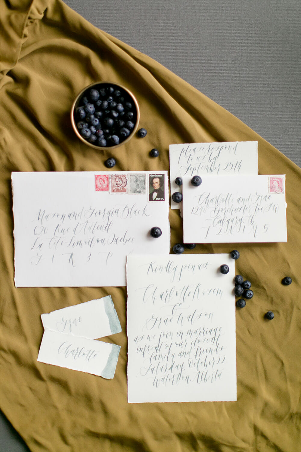 mustard fabric with blueberries accompany a beautiful hand written wedding invitation set by art and alexander